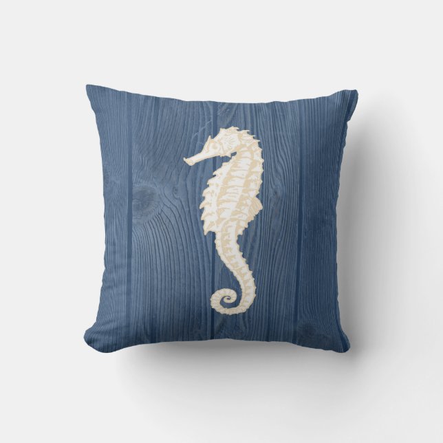 Sea Horse Cream Vintage Blue Wood Pillow (Front)
