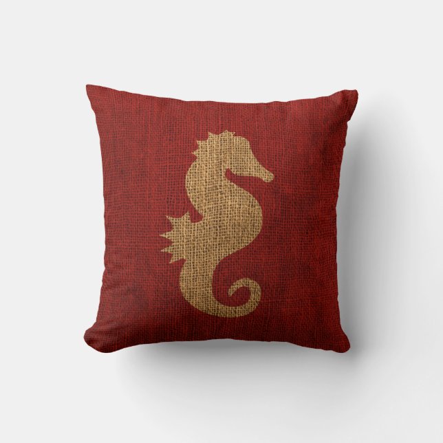 Sea Horse Nautical Rustic Red Cushion (Front)