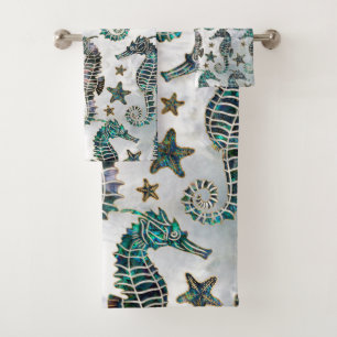 Sea horse Starfish Abalone Pattern Bath Towel Set