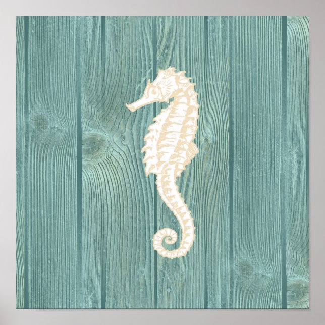 Sea Horse Vintage Aqua Wood Poster (Front)