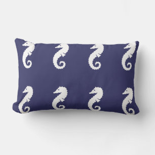 SEA HORSE  WHITE on  blue pillow