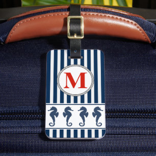 Sea Horses and Stripes Nautical Monogram Luggage Tag