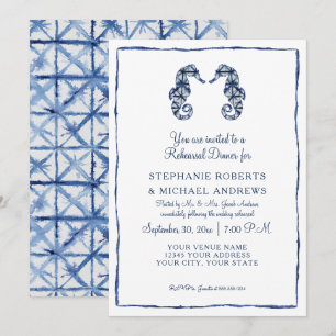 Sea Horses Beach Navy Shibori Rehearsal Dinner Invitation