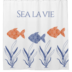 Sea la vie Orange Floral Fish Shower Curtain