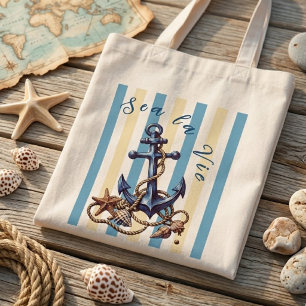 Sea La Vie Vintage Nautical Anchor Beach Cruise Tote Bag