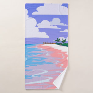 Sea landscape of tropical beach with pink sand, b bath towel