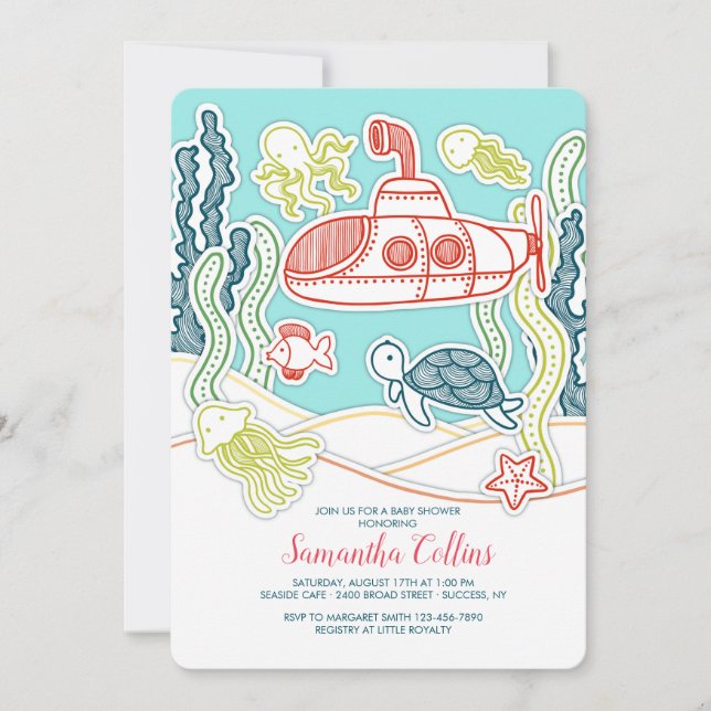 Sea Life and Submarine Baby Shower Invitation (Front)