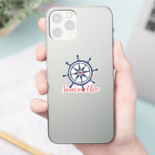 Sea Life Boat Wheel Navy Blue Red Name Sticker