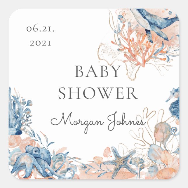 sea life coral Baby Shower monogram Square Sticker (Front)