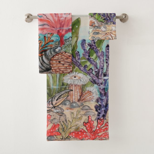 Sea Life Crab Octopus Shells Coral Ocean Beach  Bath Towel Set (Insitu)