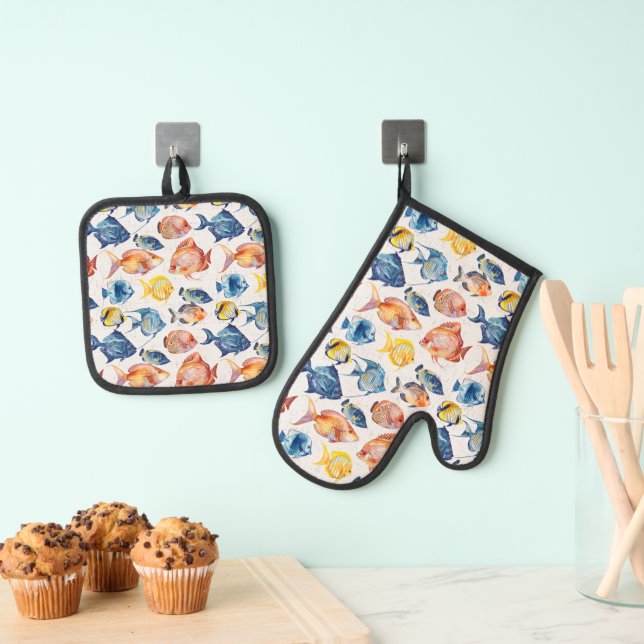 Sea Life Fish Ocean Beach house Oven Mitt & Pot Holder Set (Insitu(Hanging))