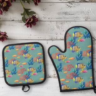 Sea Life Fish Ocean Beach house Oven Mitt & Pot Holder Set