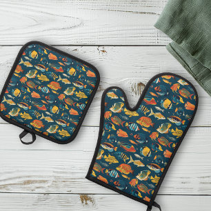 Sea Life Fish Ocean Beach house Oven Mitt & Pot Holder Set