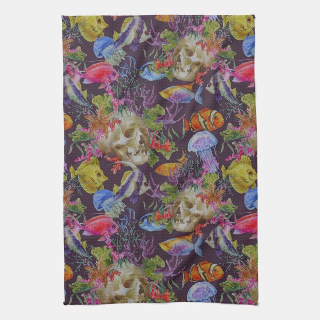 Sea Life Grunge Pattern Tea Towel (Vertical)