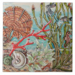 Sea Life Mermaid Rabbit Seahorse Coral Mural Pc.#6 Tile<br><div class="desc">Featuring colourful corals and sea shells, a sea horse and a fish, and a fantasy mermaid bunny rabbit (one of my "Merbits"!), this is a direct reproduction of tile #6 in my 9 - tile sea life mural. There are nine tiles in the series, each sold separately by Zazzle. If...</div>