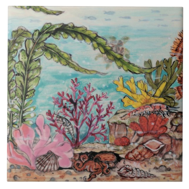Sea Life Octopus Shrimp Turtle Coral Mural Pc.#5 Tile (Front)