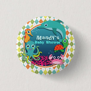 Sea Life on Colourful Argyle; Baby Shower 3 Cm Round Badge