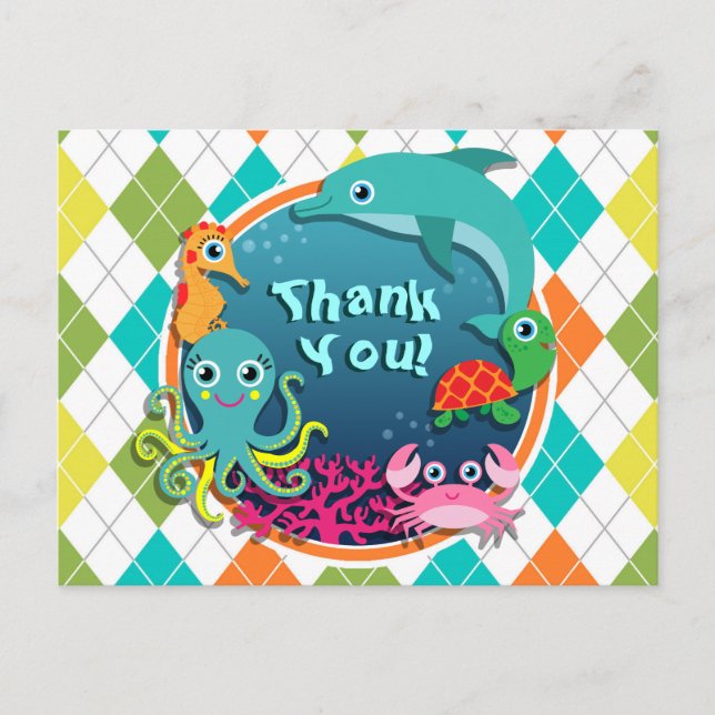Sea Life on Colourful Argyle; Baby Shower Postcard (Front)