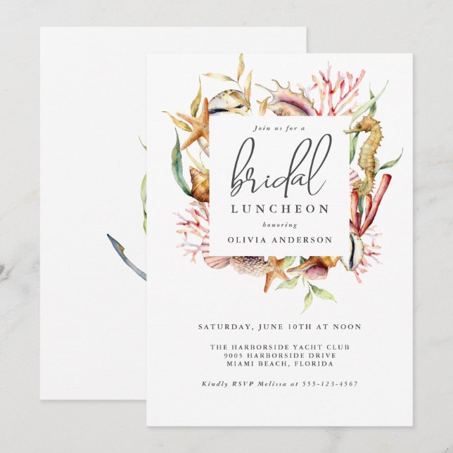 Sea Life Watercolor Coastal Theme Bridal Luncheon Invitation (Front/Back)