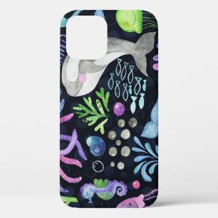 Sea life watercolor, dark background. iPhone 12 case