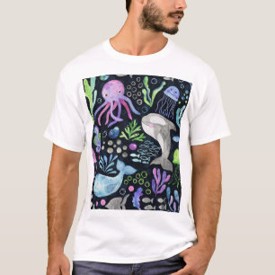 Sea life watercolor, dark background. T-Shirt