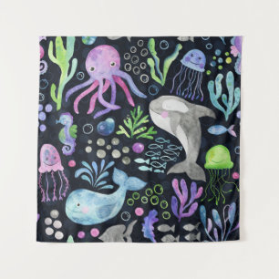 Sea life watercolor, dark background. tapestry