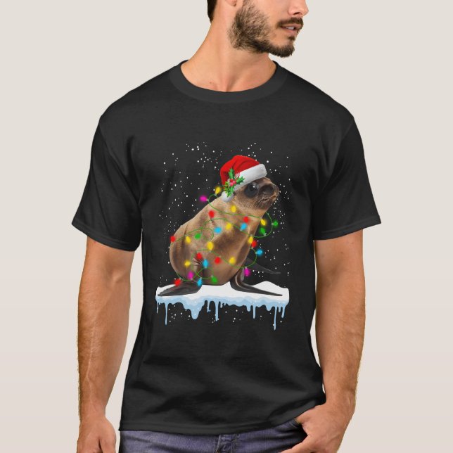 Sea Lion Await Santa With Christmas Lights Matchin T-Shirt (Front)