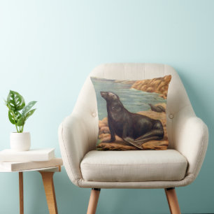 Sea Lion by the Seashore, Vintage Marine Mammals Cushion