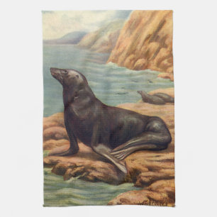 Sea Lion by the Seashore, Vintage Marine Mammals Tea Towel
