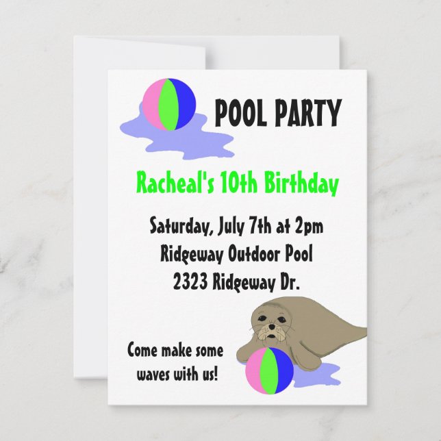 Sea Lion Pool Party Invitation (Front)