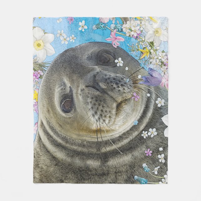 Sea Lion Swimming in Flowers Fleece Blanket (Front)
