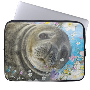 Sea Lion Swimming in Flowers Laptop Sleeve
