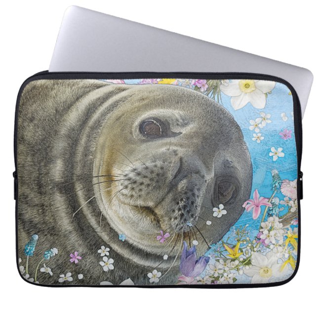 Sea Lion Swimming in Flowers Laptop Sleeve (Front)