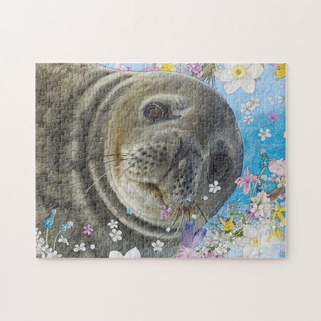 Sea Lion Swimming in Flowers Patch Jigsaw Puzzle (Horizontal)