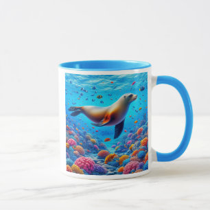 Sea lion swimming under the sea among the fish. mug