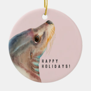 Sea Lion Watercolor Illustration Happy Holidays Ceramic Tree Decoration