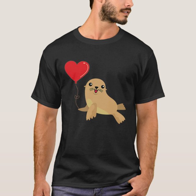 Sea Lion With Heart Balloon Valentines Day Love Bo T-Shirt (Front)