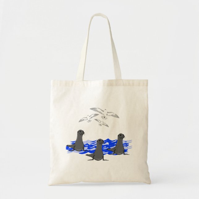 Sea Lions Ocean & Seagulls Tote Bag (Front)