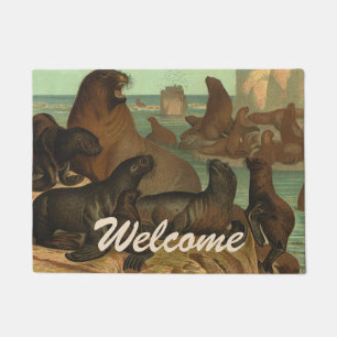 Sea Lions on the Beach, Vintage Marine Life Animal Doormat