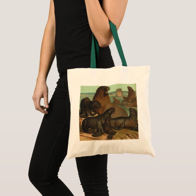Sea Lions on the Beach, Vintage Marine Life Animal Tote Bag (Front (Product))