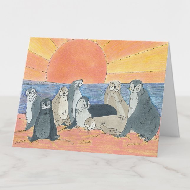 Sea Lions Sunrise Drawing Blank Thank You Card (Creator Uploaded)