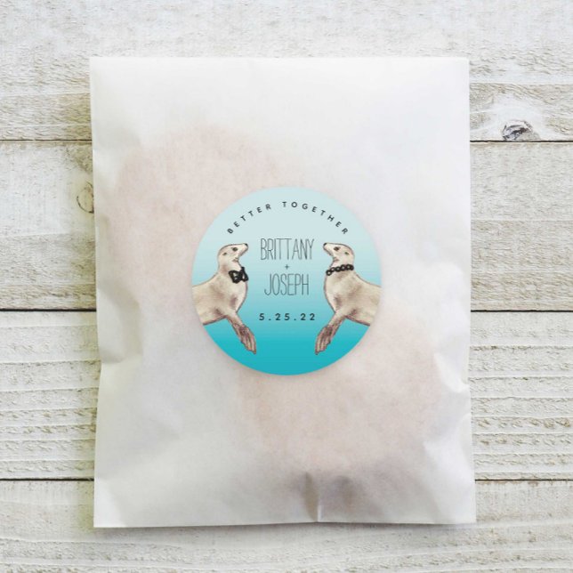 Sea Lions Teal Blue Modern Wedding  Classic Round  Classic Round Sticker (Creator Uploaded)