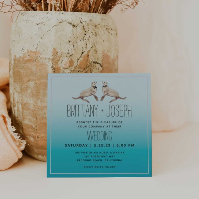 Sea Lions Teal Blue Modern Wedding Invitation (Creator Uploaded)
