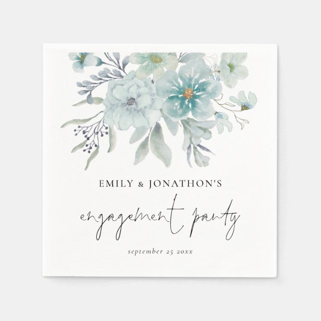Sea Mist Teal Blue Florals Script Engagement Party Napkin (Front)