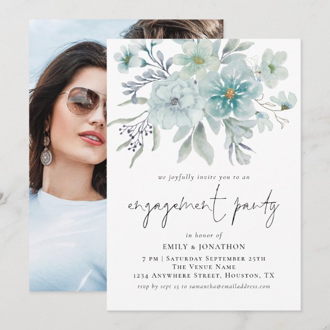 Sea Mist Teal Florals Photo Engagement Party Invitation (Front/Back)