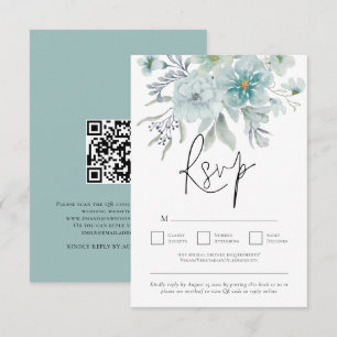 Sea Mist Teal White Florals QR Code Wedding  RSVP Card