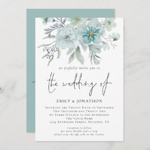Sea Mist Watercolor Florals QR Code Wedding Invitation