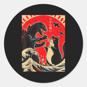 Sea Monster And Cat Fighting Waves Japanese Men Wo Classic Round Sticker