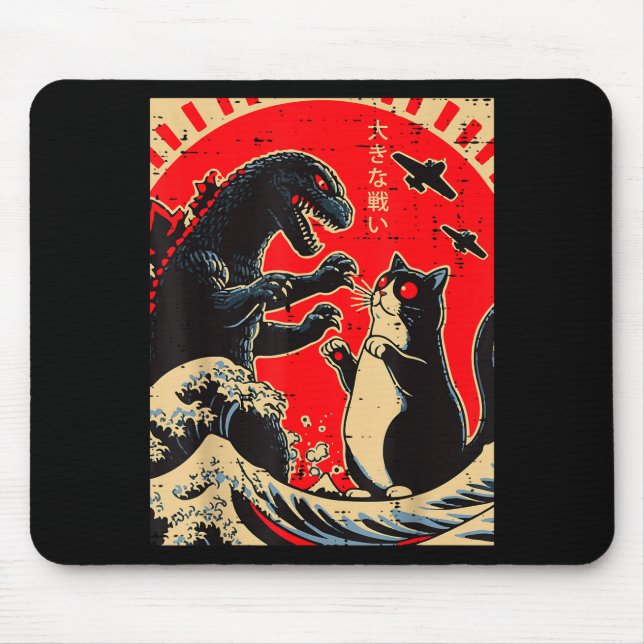 Sea Monster And Cat Fighting Waves Japanese Men Wo Mouse Mat (Front)