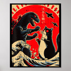 Sea Monster And Cat Fighting Waves Japanese Men Wo Poster
